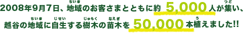 2008年9月7日、地域のお客さまとともに約5,000人が集い、越谷の地域に自生する樹木の苗木を50,000本植えました!!