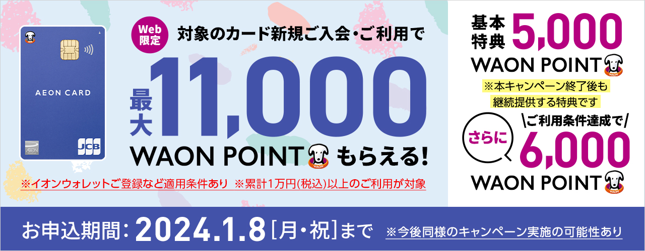 【Web限定】対象のカード新規ご入会・ご利用で最大11,000WAON POINTもらえる!